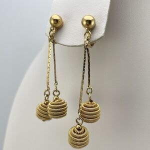 Vintage  Gold Tone Drop Dangle Earrings Clip On 1990s 90s Coil Spiral Boho Retro